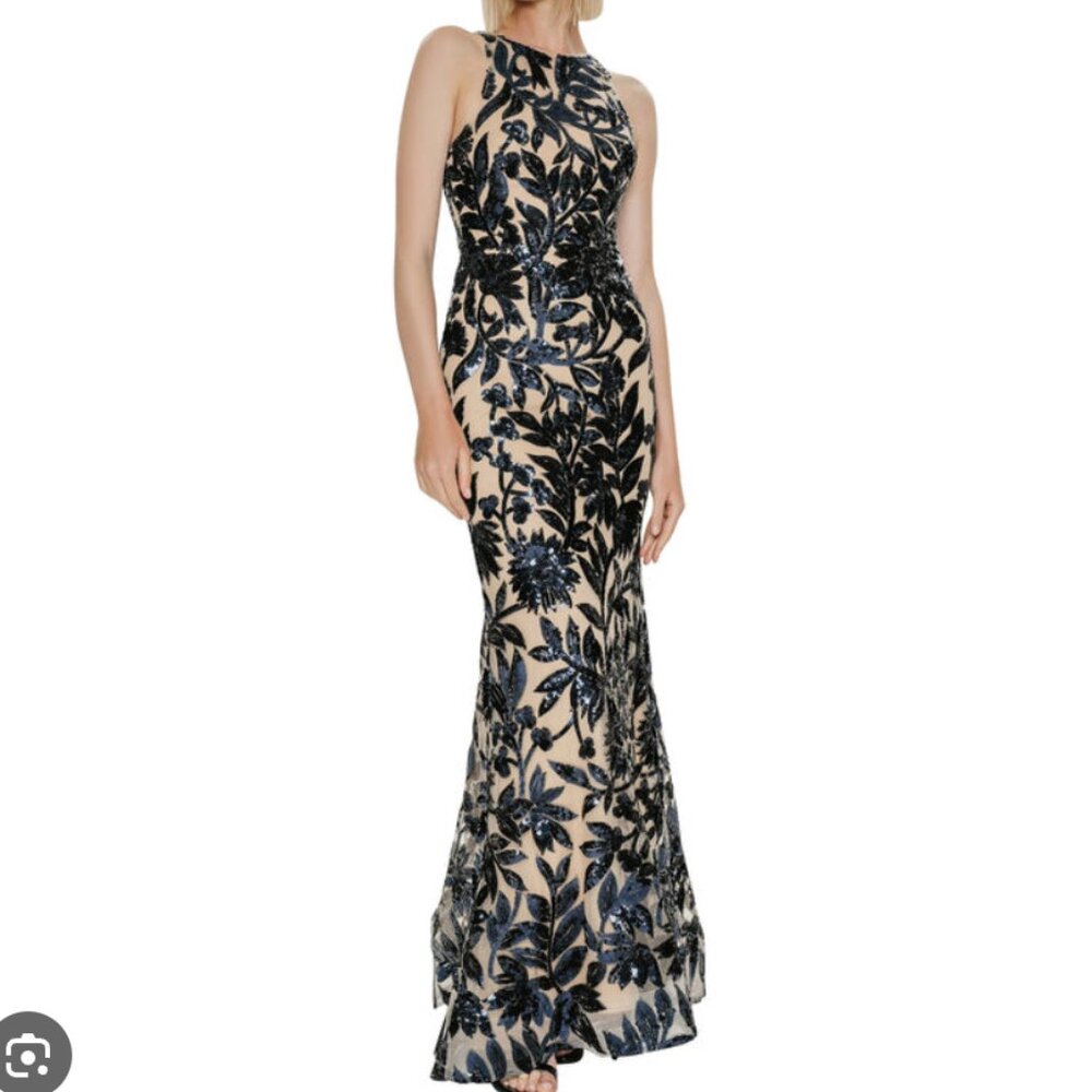 Hynes Park Floral Sequin Embroidered Halter Tulle Blue Bridal Gown Sz 16 NWT